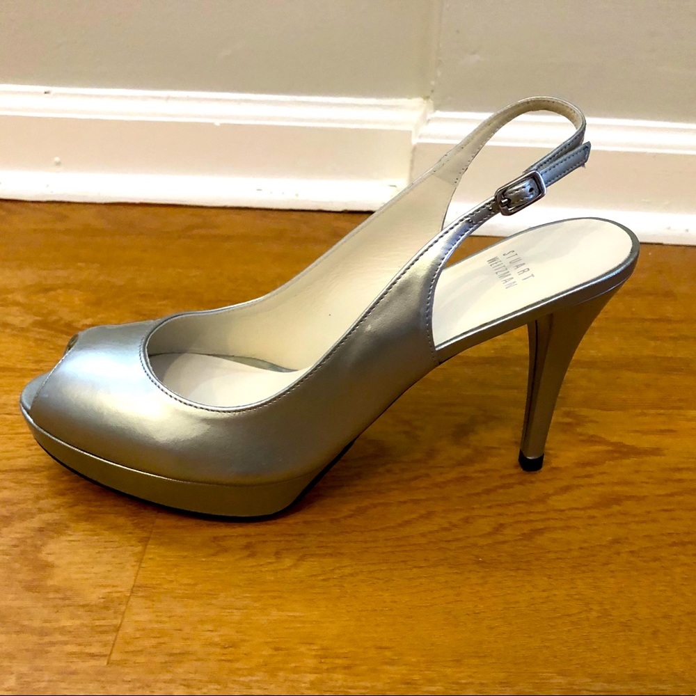 Stuart Weitzman Silver “Slinky” Peeptoe Shoes